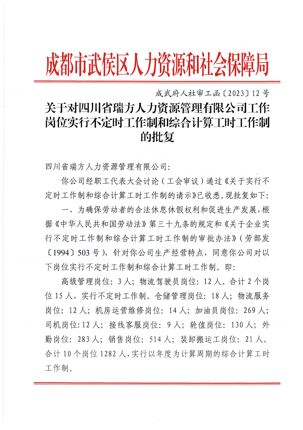 關(guān)于對四川省瑞方人力資源管理有限公司工作崗位實行不定時工作制和綜合計算工時工作制的批復(fù) 第1張